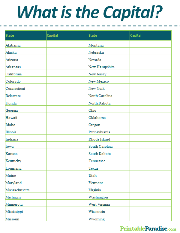 Printable State Capital Worksheet