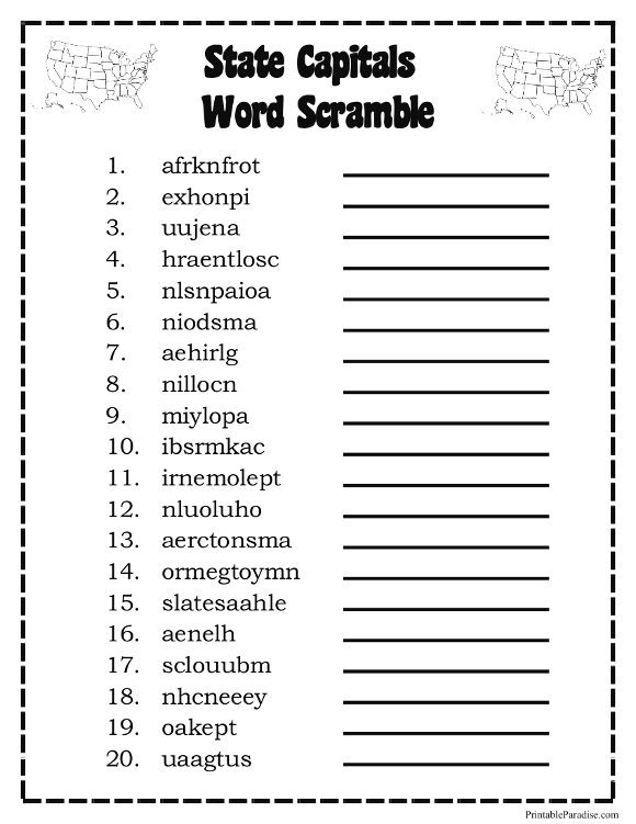 Printable State Capitals Word Scramble