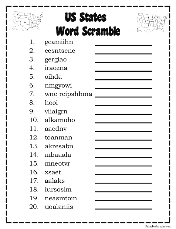 Printable States Word Scramble
