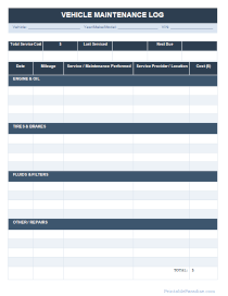Vehicle Maintenance Log Sheet