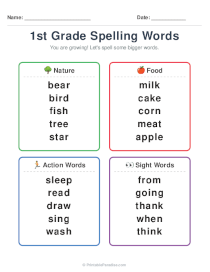 1st Grade Spelling Word List Printable