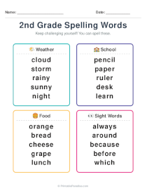 2nd Grade Spelling Word List Printable