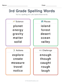 3rd Grade Spelling Word List Printable