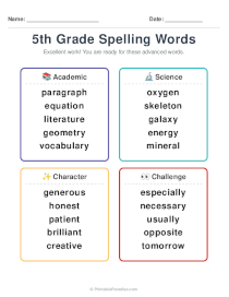5th Grade Spelling Word List Printable