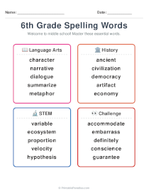6th Grade Spelling Word List Printable
