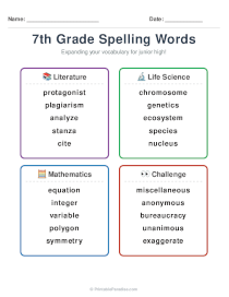 7th Grade Spelling Word List Printable
